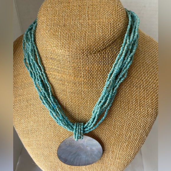 Coastal Aqua Blue Beaded Statement Necklace Natural Brown Shell Pendant - Picture 5 of 7